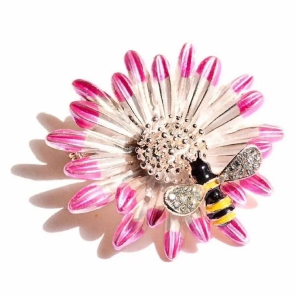 Pink and  Flower and Bee Brooch